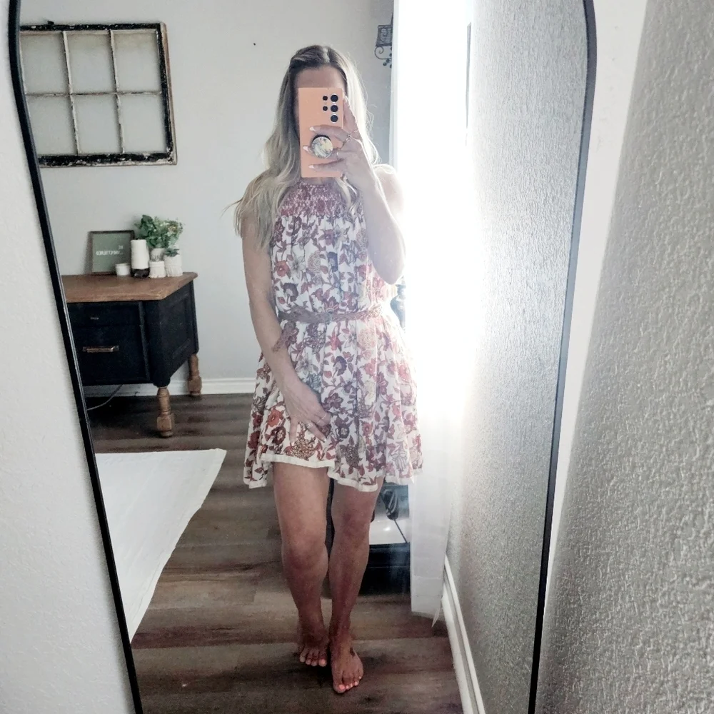 Free People Oh Baby Floral Mini Dress Swing Fully Lined White Cotton Smocked XS